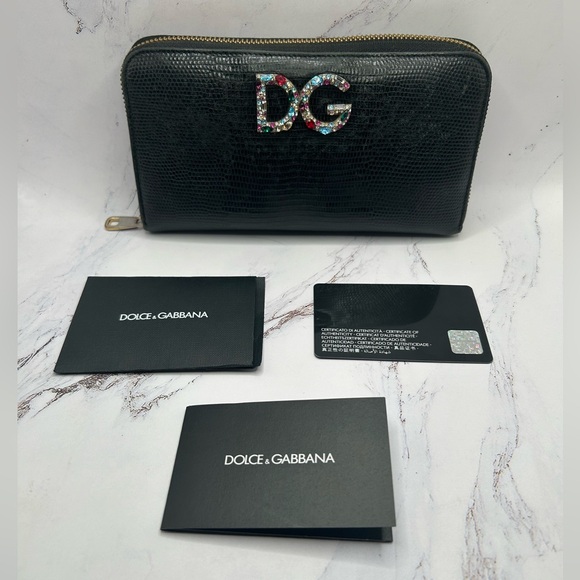 DOLCE & GABBANA Multicolor Crystal Logo Long Zippy Black Leather Wallet + COA - Picture 3 of 15